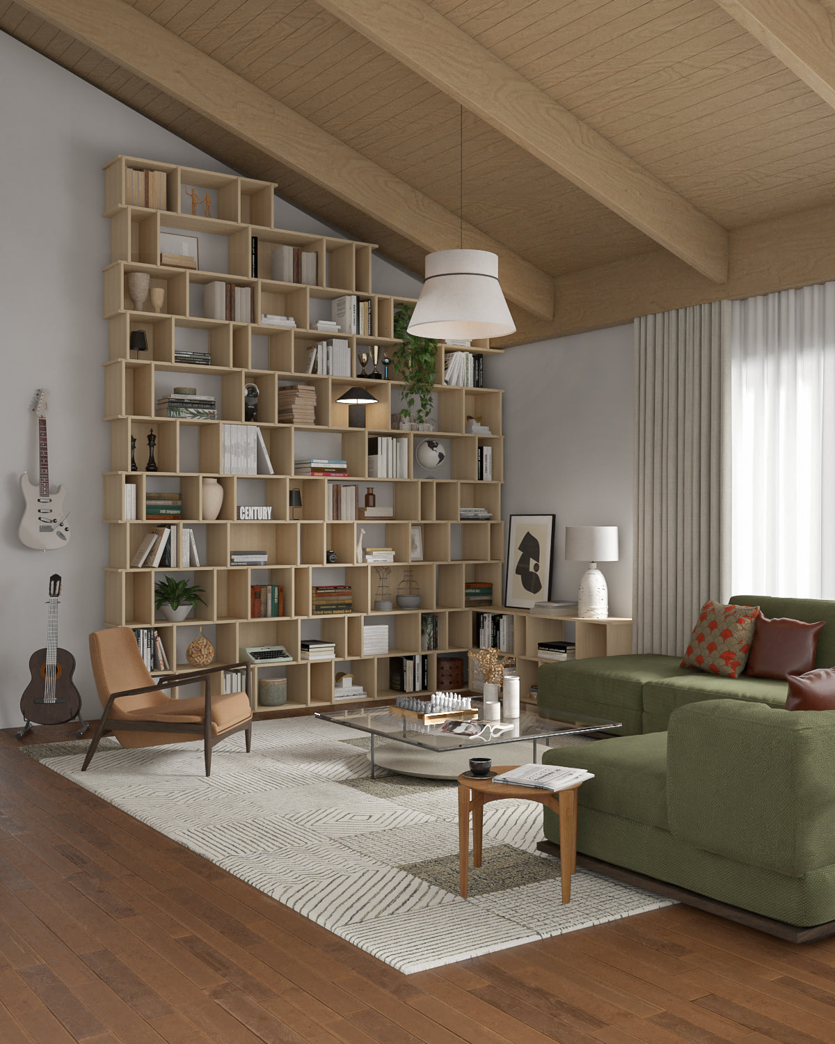 Modern living room with a large bookshelf, green sofa, and wooden coffee table.